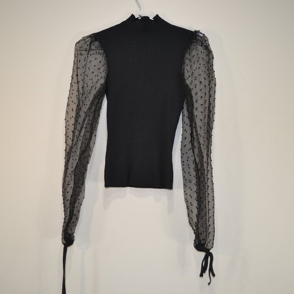 New Look Womens L Polk A Dot Sheer Long Sleeve Pullover Stretch Tie Cuff Sweater